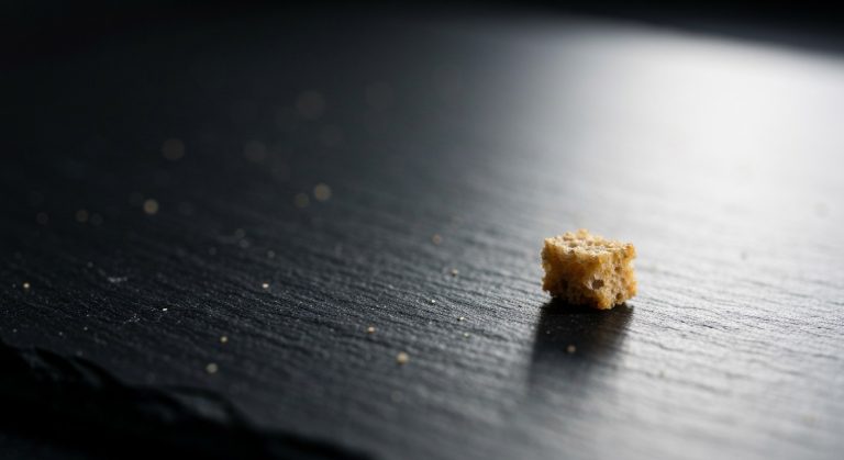 Bezpečné množství lepku pro celiaky: Limity a pravidla 2026 8 Extrémní detailní záběr na jeden malý drobek pečiva na tmavé kamenné desce s výrazným stínem.