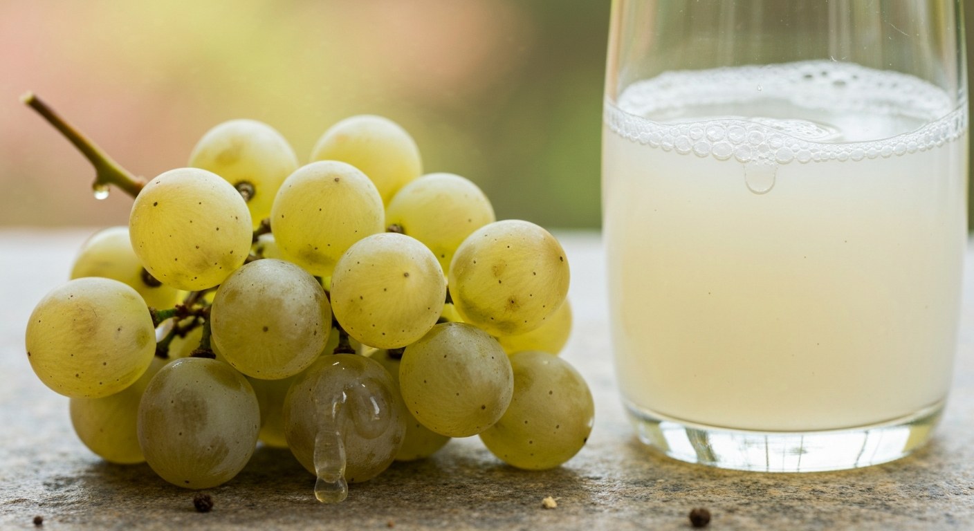 Detail hroznů a vinného moštu Makro detail čerstvých bílých hroznů s kapkou šťávy a sklenicí kalného hroznového moštu na kamenné desce.
