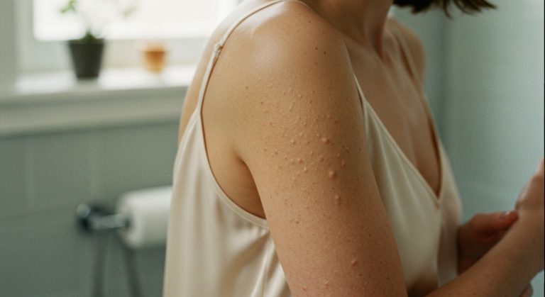 Keratóza pilaris a lepek: Skrytá příčina kuřecí kůže 4 Detailní záběr na paži ženy s mírnými projevy keratózy pilaris, osvětlený měkkým denním světlem z okna.