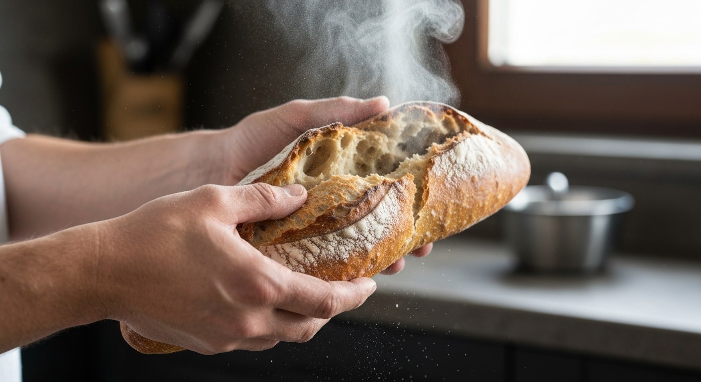 Konzumace lepku před testy Detailní záběr na ruce lámající čerstvou pšeničnou bagetu, s viditelnou texturou kůrky a moučným prachem.