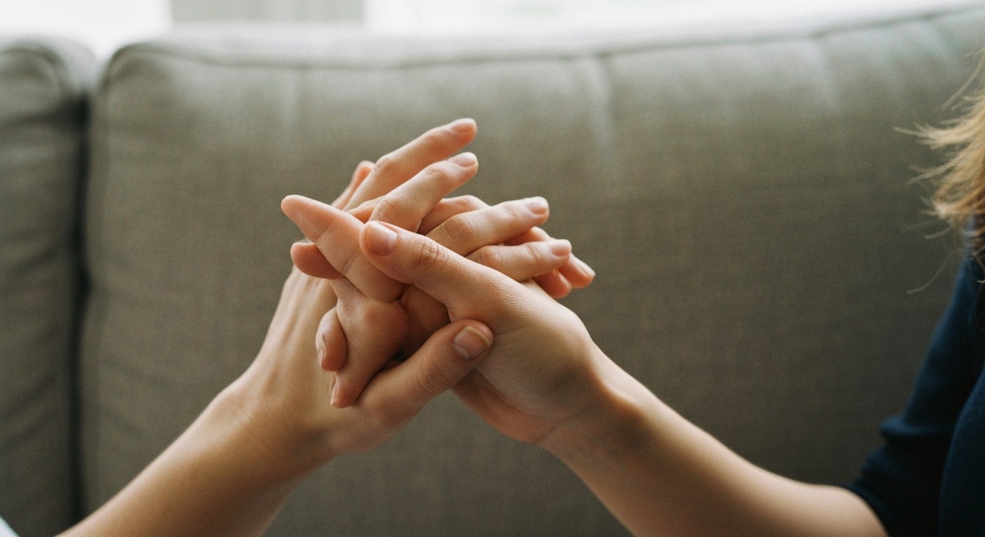 Kontrola citlivosti prstů při neuropatii Detailní záběr rukou ženy, která si tře konečky prstů, v měkkém denním světle u okna.