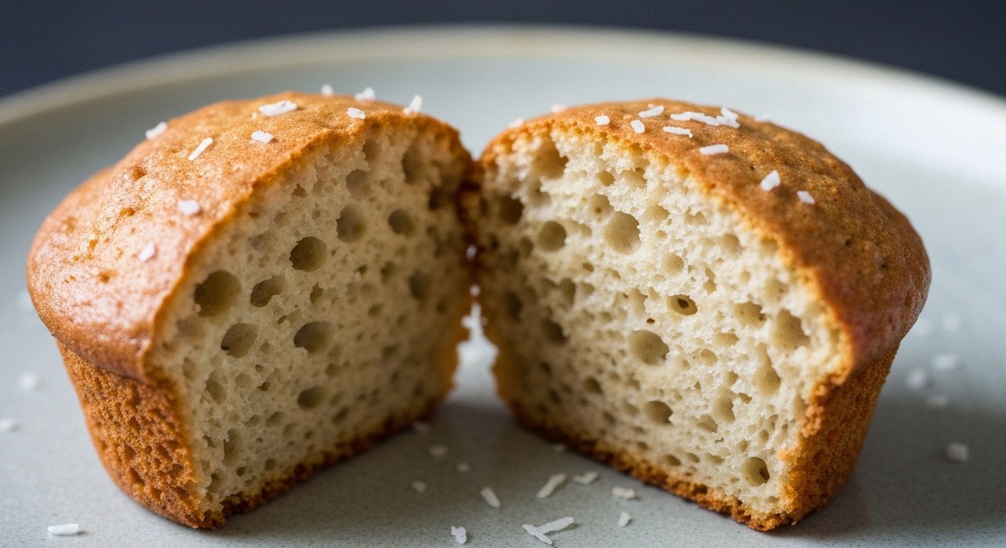 Detailní pohled na vnitřní strukturu nadýchaného muffinu z kokosové mouky bez lepku.