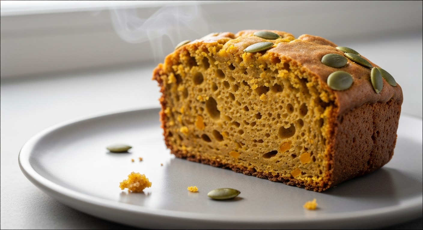 Detail textury vláčného dýňového chleba Detailní makro snímek řezu dýňového chleba s viditelnou vláčnou strukturou a semínky.