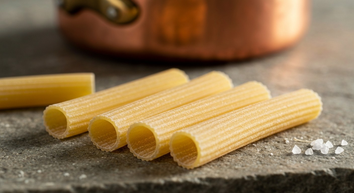 Detailní textura těstovin z bronzové raznice Makro detail povrchu syrových těstovin rigatoni s porézní strukturou vytvořenou bronzovou raznicí.