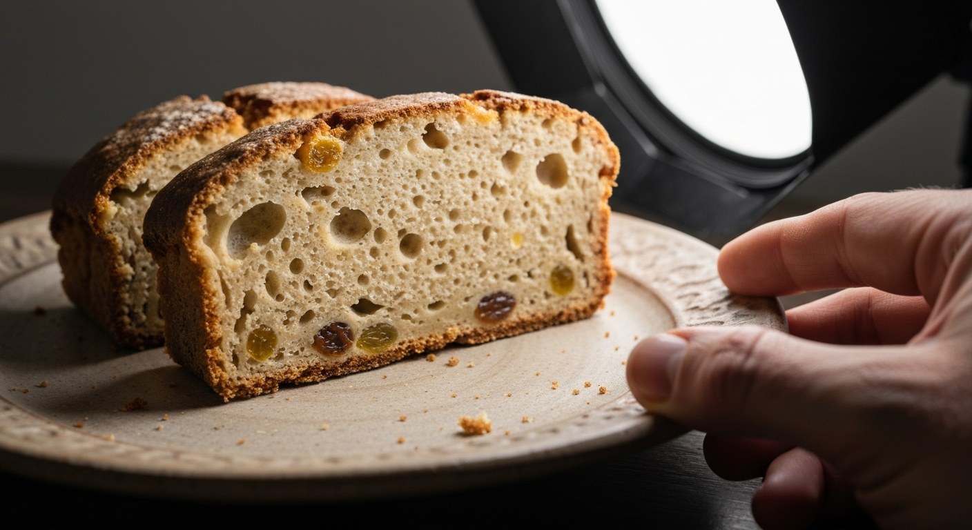 Detailní záběr na dva plátky nadýchaného bezlepkového mazance s rozinkami na keramickém talíři.