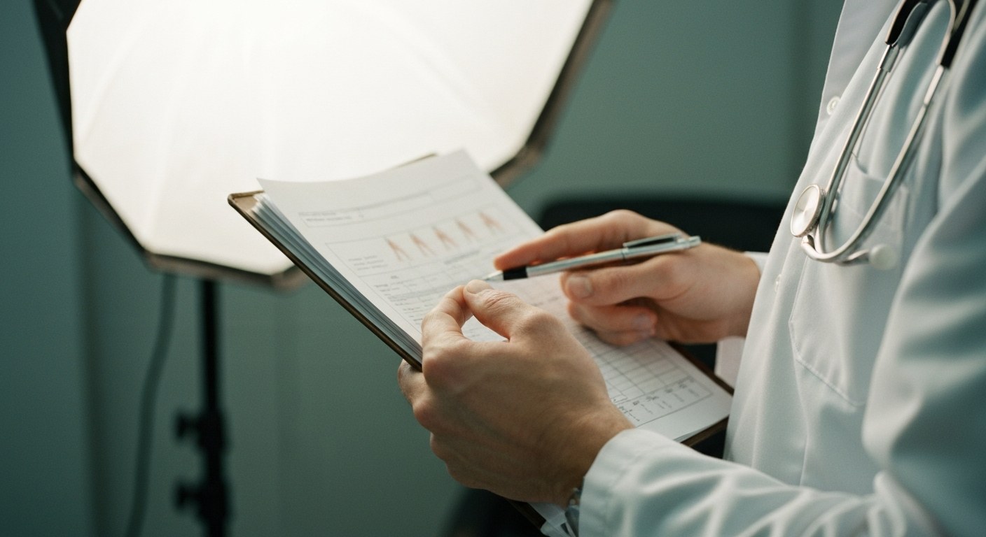 Diagnostika a test na alergii na lepek Detailní záběr rukou lékaře držícího složku s výsledky testů v moderně osvětlené ordinaci.