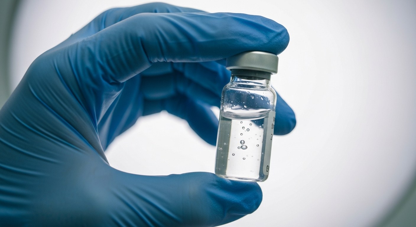 Laboratorní testování alergie na gluten Detailní makro snímek lékaře v modrých rukavicích držícího skleněnou ampulku v čistém laboratorním prostředí.