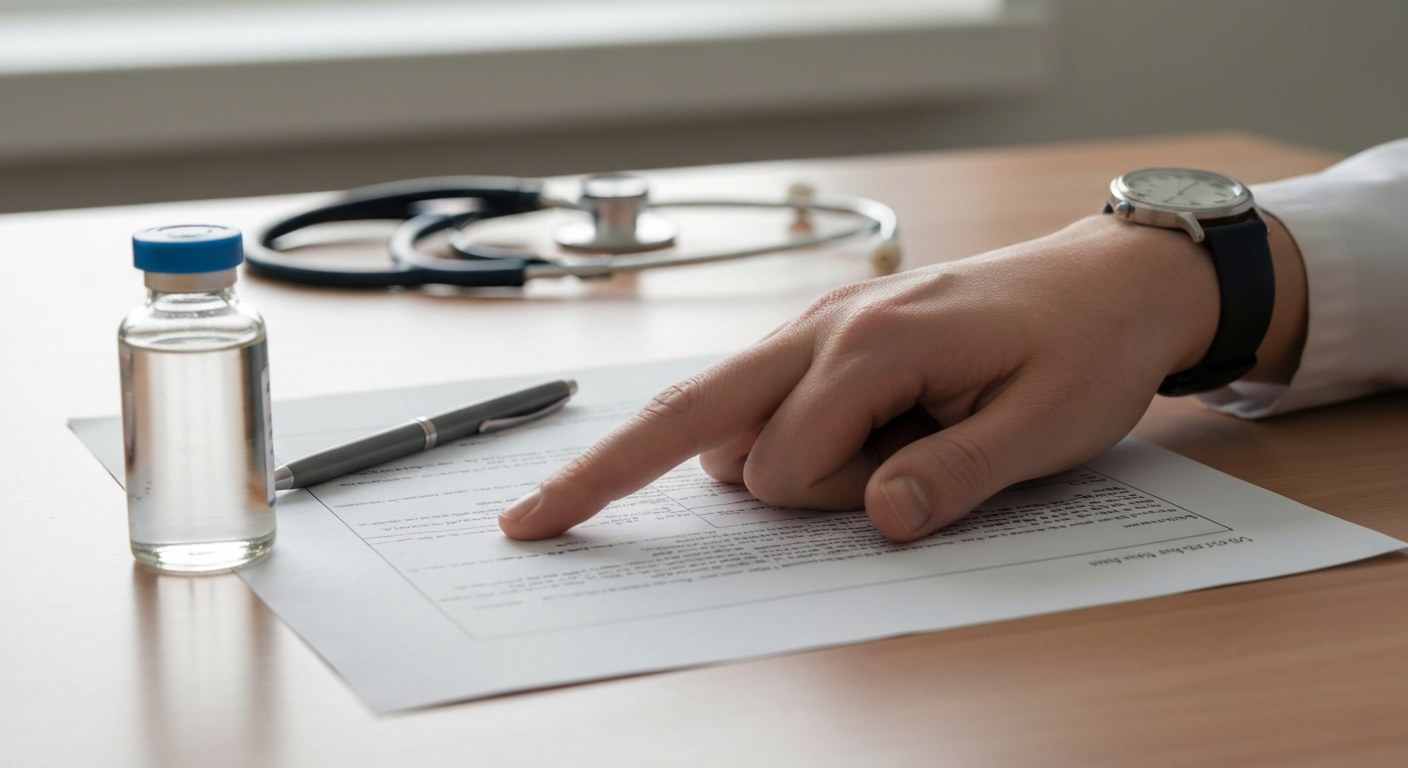 Diagnostika a krevní testy na celiakii Lékař ukazuje na výsledky krevních testů na stole, vedle leží stetoskop a zkumavka.