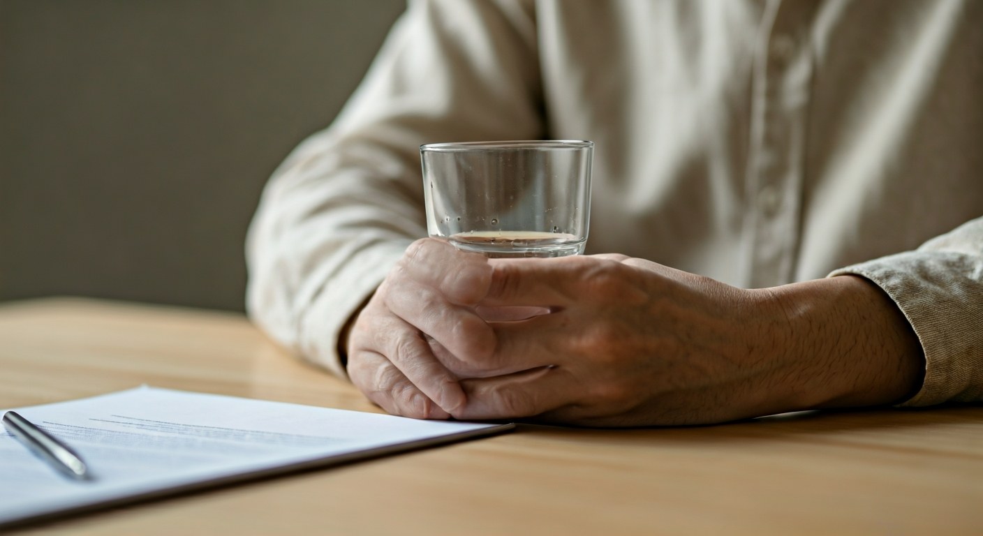 Konzultace výsledků a úleva po diagnóze Detailní záběr rukou v lněném oděvu držících sklenici vody na stole vedle rozmazaných lékařských výsledků.