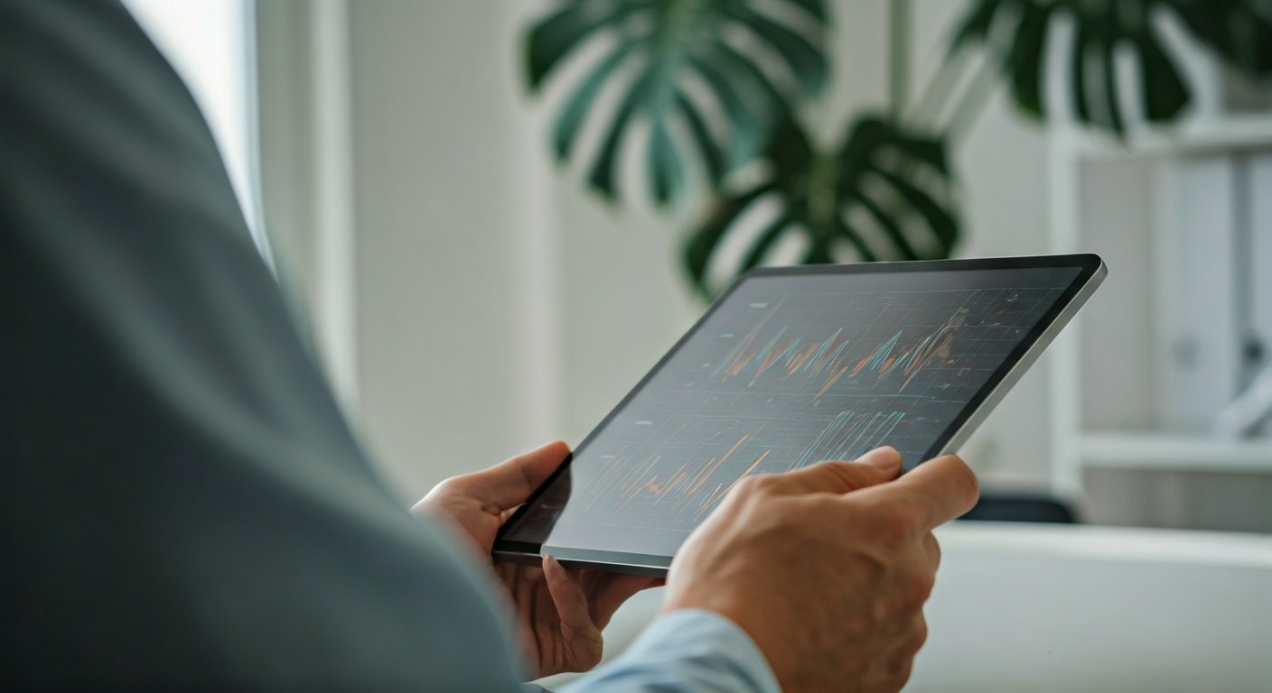Lékař ukazující pacientovi výsledky krevních testů na digitálním tabletu v prosvětlené ordinaci.