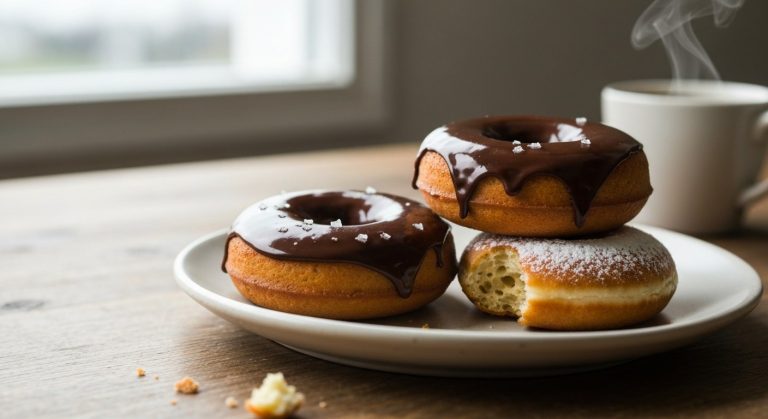 Detailní záběr na tři domácí bezlepkové donuty s čokoládovou polevou a cukrem na keramickém talíři u okna.