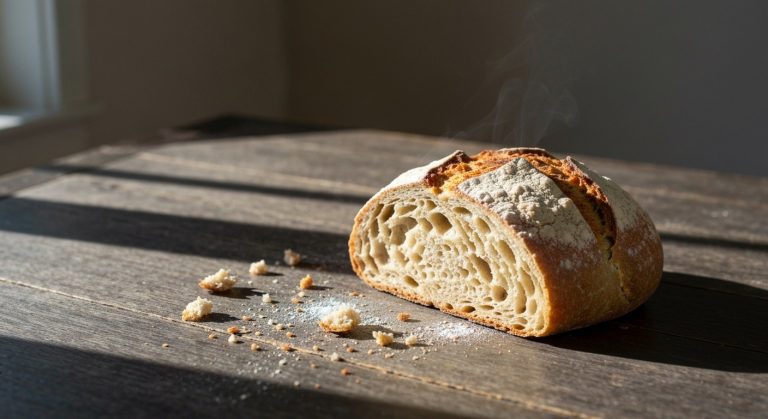 Detailní záběr na čerstvě upečený a nakrájený bezlepkový chléb s křupavou kůrkou na dřevěném stole.