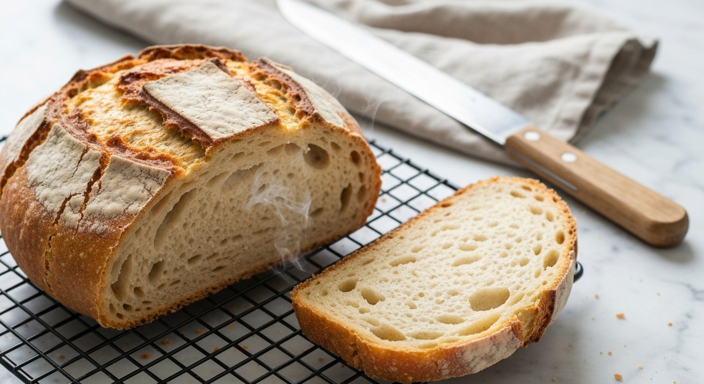 Domácí bezlepkový chléb recept Čerstvě upečený bezlepkový chléb s křupavou kůrkou na mřížce s odkrojeným krajícem.