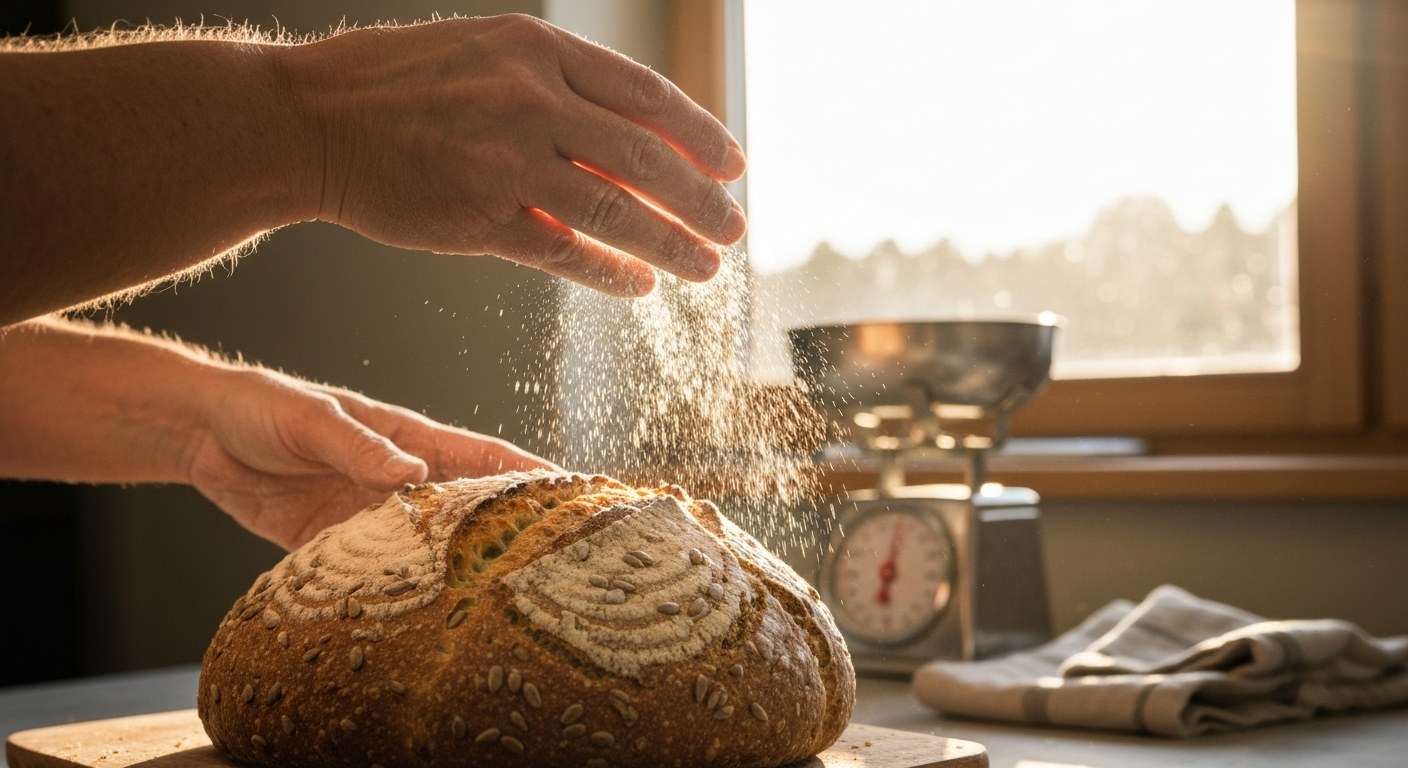 Detailní záběr na ruce sypající mouku na čerstvě upečený bochník bezlepkového chleba při západu slunce.