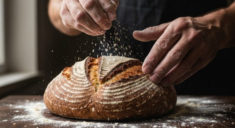 Lepek v potravinách: Průvodce, rizika a skrytá nebezpečí 20 Detailní záběr na ruce pekaře sypající mouku na čerstvě upečený bezlepkový kváskový chléb na dřevěném stole.