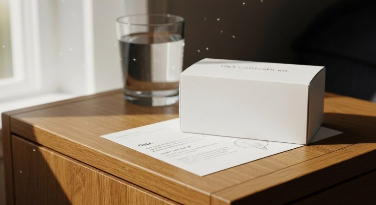 Detailní záběr na domácí testovací sadu pro genetické vyšetření DNA na dřevěném stolku u postele za ranního světla.
