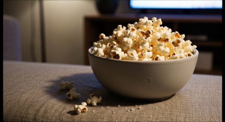 Popcorn bez lepku: Velký průvodce pro celiaky a bezpečné mlsání 13 Keramická mísa s čerstvým bílým popcornem na šedé lněné pohovce s rozptýlenými drobky a teplým večerním světlem.