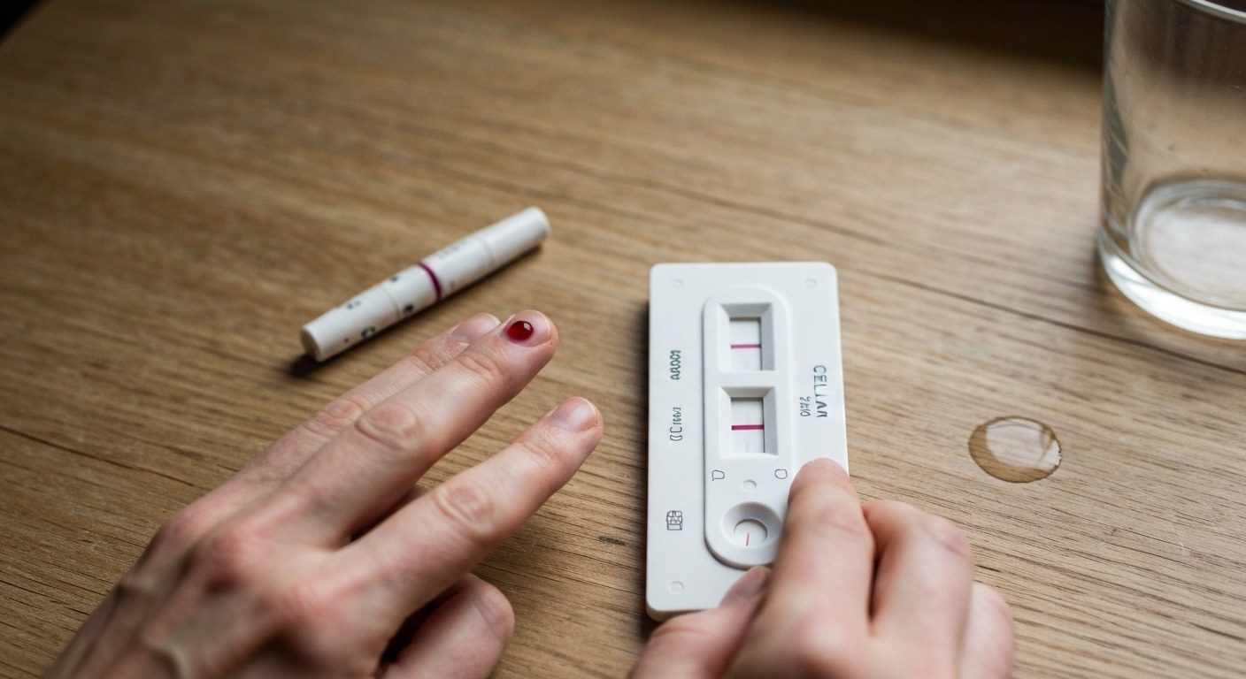 Detailní záběr na lidské ruce provádějící domácí test na celiakii pomocí lancety a testovací kazety na dřevěném stole.