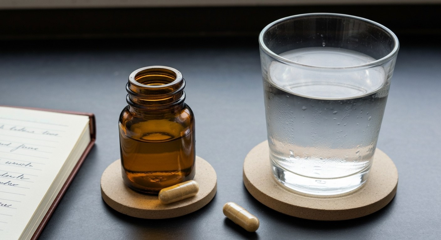 Sklenice vody s kapkami kondenzace a vitamínový doplněk stravy na dřevěném stole vedle zápisníku.