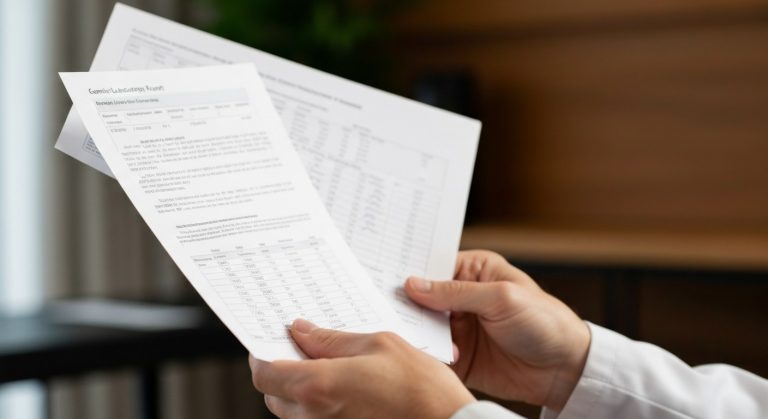 Detailní záběr rukou držících výsledky genetického testu v moderním prostředí lékařské poradny.