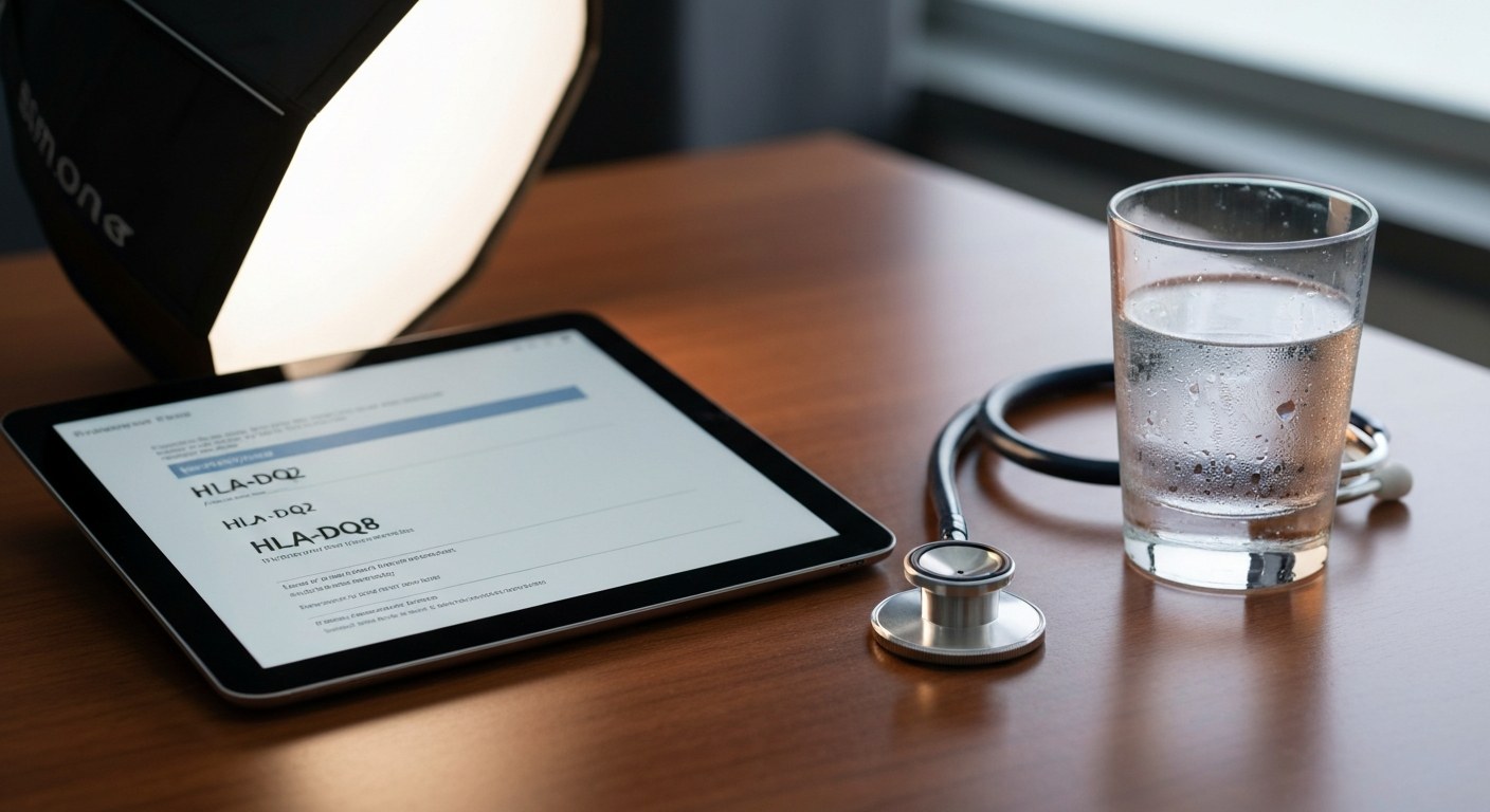 Genetické testy na celiakii Moderní lékařský stůl s tabletem zobrazujícím výsledky genetických testů a stetoskopem.