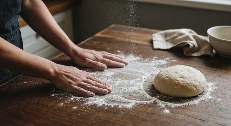 Detailní záběr rukou sypajících mouku na dřevěný stůl při přípravě bezlepkového těsta na pizzu.