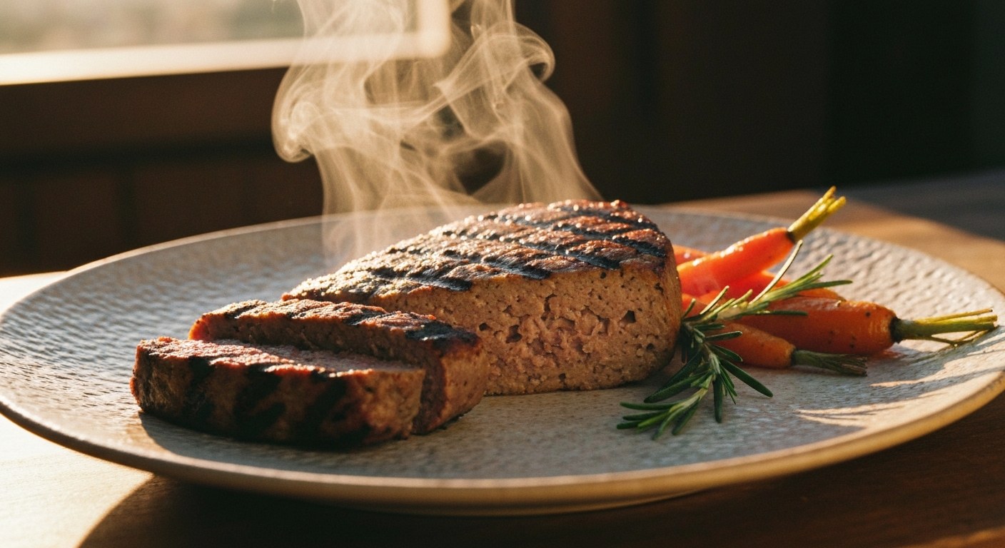 Grilovaný seitanový steak nakrájený na plátky na keramickém talíři s pečenou zeleninou a bylinkami.