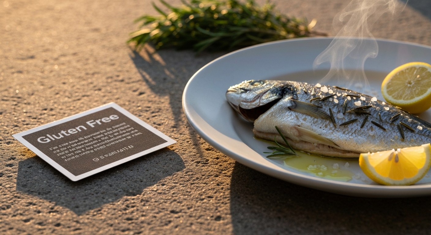 Bezlepkové jídlo v restauraci detail Detailní záběr na čerstvě grilovanou rybu na talíři, vedle které leží profesionální překladová karta pro celiaky.