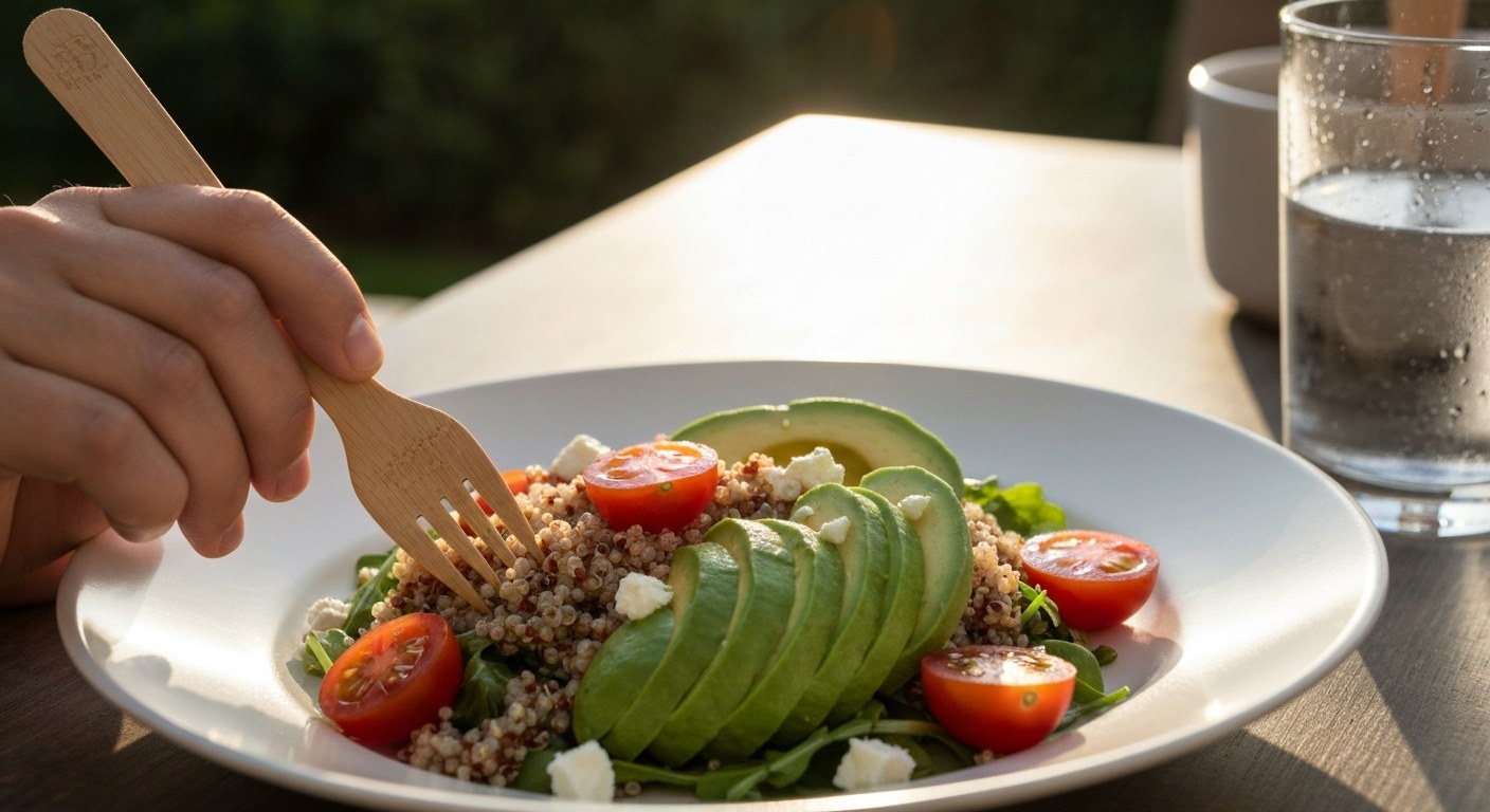 Barevný quinoa salát s avokádem a rajčaty na talíři během zlaté hodinky na terase.