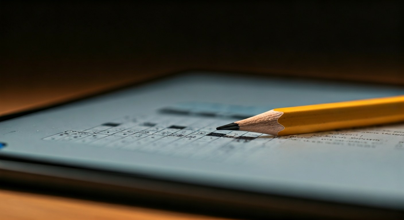 Hledání slov podle počtu písmen a masky Detailní makro snímek tužky na papírové křížovce vedle tabletu s vyhledávacím polem a maskou písmen.