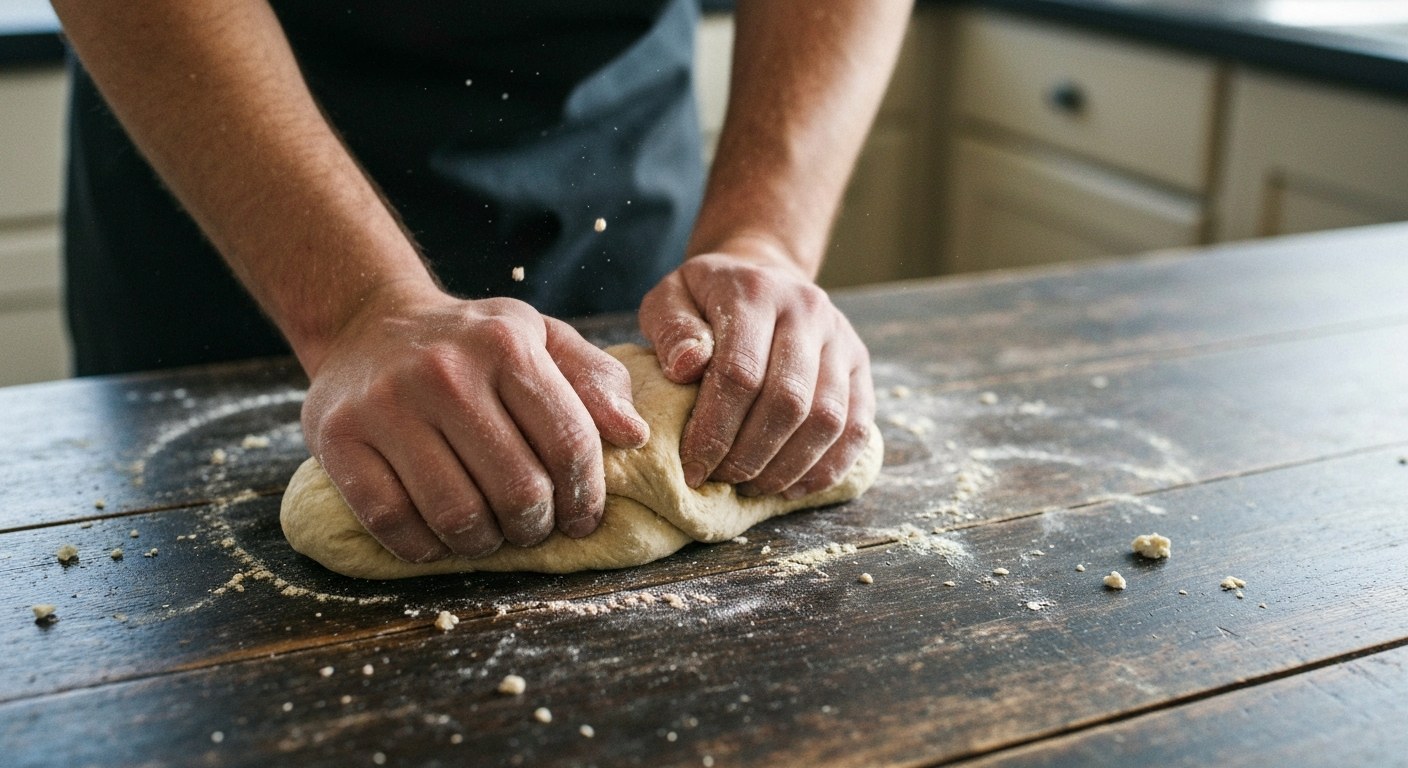 V čem je lepek: Kompletní průvodce pro rok 2026 1 Detailní záběr na ruce hnětoucí těsto na tmavém dřevěném stole s rozptýlenou moukou v přirozeném denním světle.