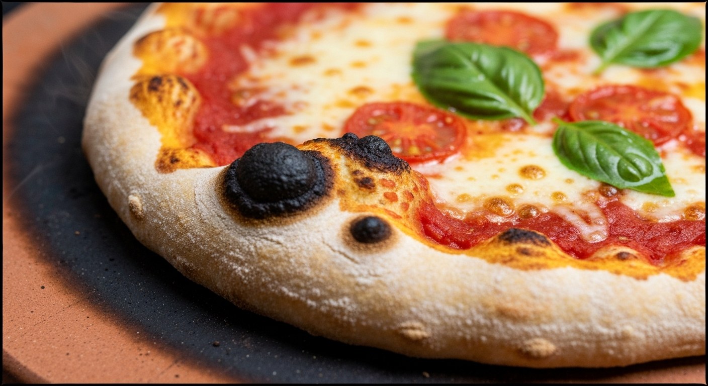 Detail čerstvě upečené bezlepkové pizzy Margarita s bublinkami na okraji a čerstvou bazalkou.