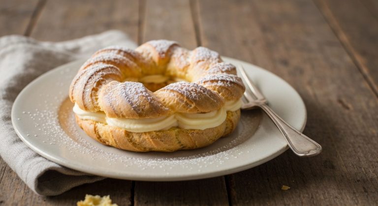 Bezlepkové věnečky: Recept na tradiční odpalované těsto 10 Detailní pohled na upečený bezlepkový věneček s cukrovým posypem na starožitném talíři s vidličkou.