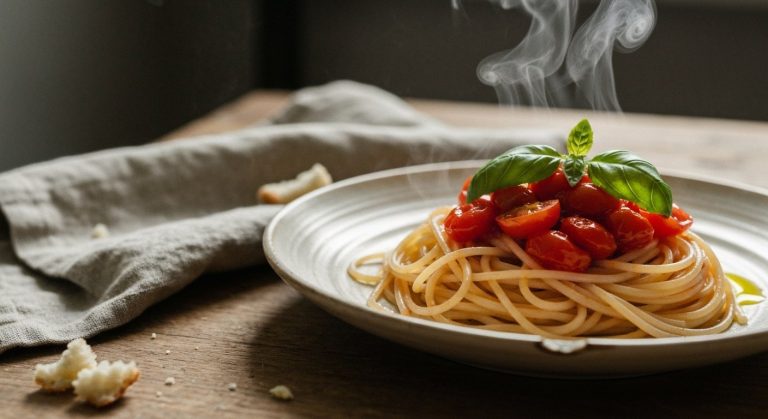 Italské těstoviny bez lepku: Al dente tradice a TOP značky 6 Detailní záběr na talíř bezlepkových špaget s rajčatovou omáčkou a bazalkou na dřevěném stole s lněným ubrouskem.