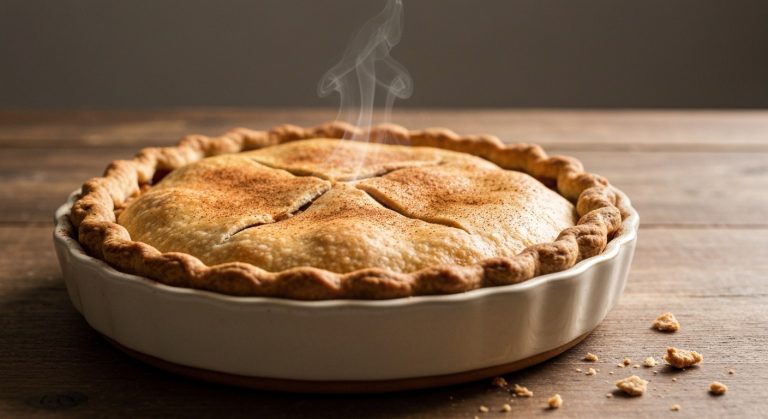 Nejlepší jablkový koláč bez lepku a mléka (Recept 2026) 5 Celý upečený jablkový koláč v keramické formě na dřevěném stole s jemnou párou a rozptýlenou skořicí.