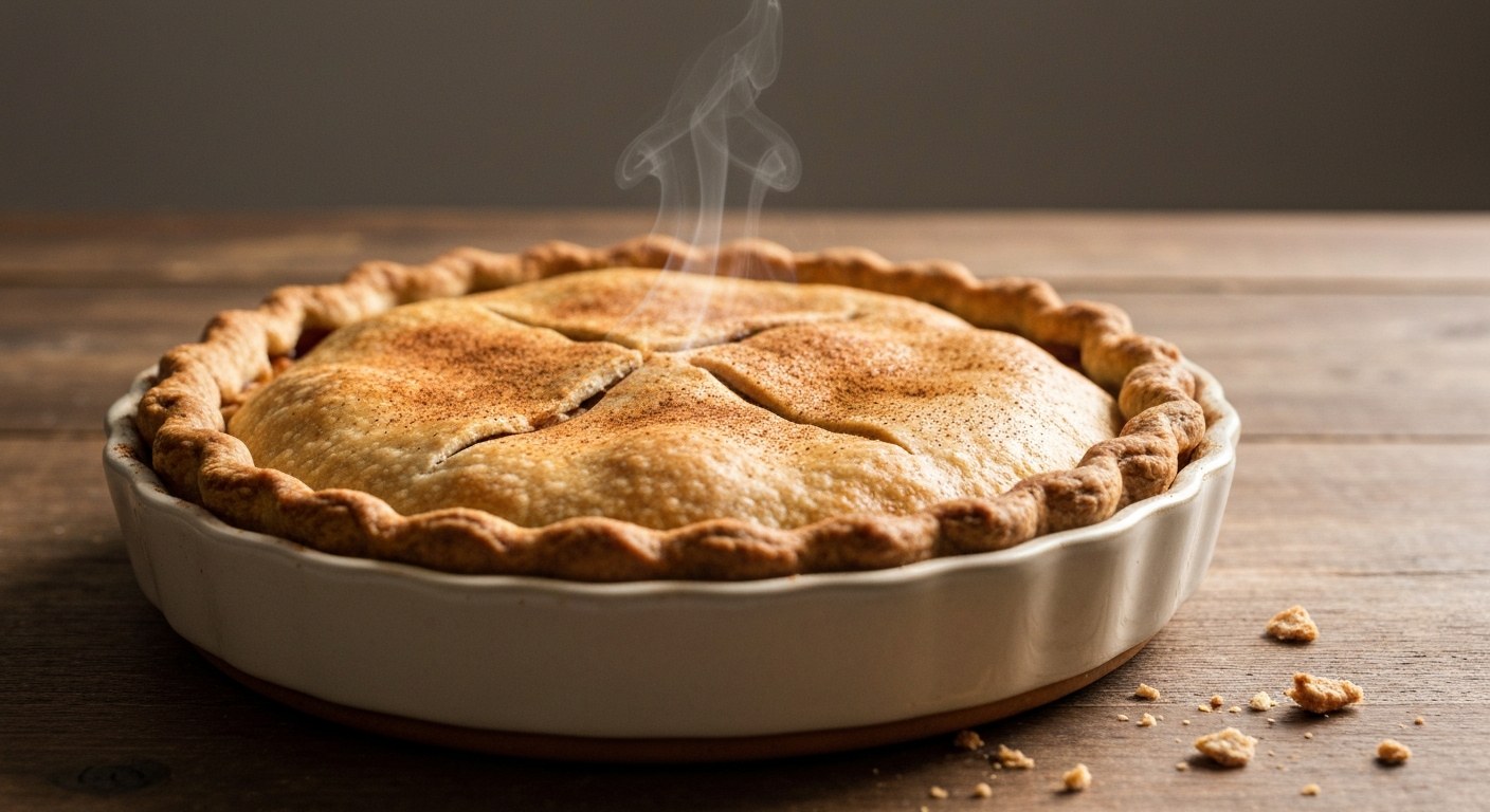 Nejlepší jablkový koláč bez lepku a mléka (Recept 2026) 1 Celý upečený jablkový koláč v keramické formě na dřevěném stole s jemnou párou a rozptýlenou skořicí.