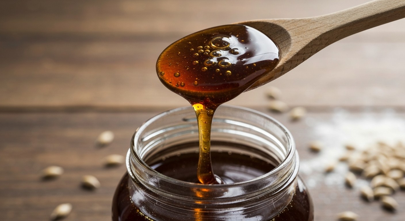 Hustý tmavý ječný sladový sirup stékající z dřevěné lžíce nad skleněnou nádobou na rustikální lince.