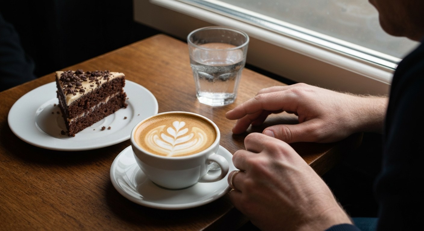 Klidné posezení v Sweet Life Gluten Free Pohled na kavárenský stůl s šálkem kávy, kouskem čokoládového dortu a sklenicí vody v denním světle.