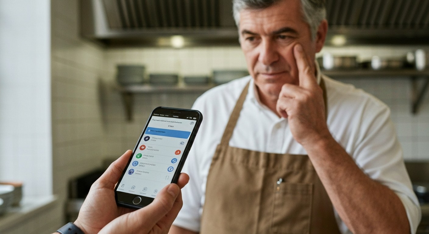 Komunikace s číšníkem o bezlepkové dietě Detail ruky držící telefon s digitální bezlepkovou kartičkou před číšníkem v autentické restauraci.