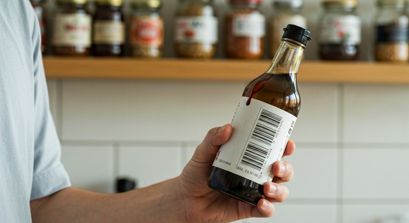 Hledání skrytého lepku v potravinách Osoba v moderní kuchyni studuje drobné písmo na etiketě lahve se sójovou omáčkou.