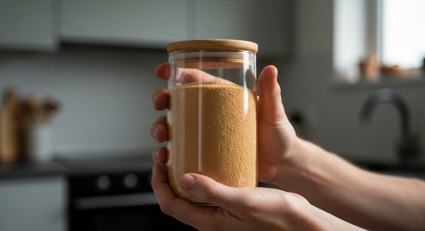 Kontrola složení a výběr bezpečných potravin Detailní záběr rukou držících sklenici s amarantem, zaměřený na texturu zrn a skleněnou nádobu.