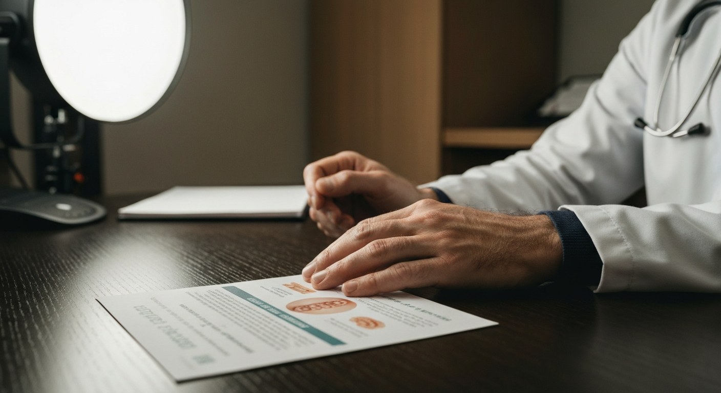 Detail ruky lékaře na dřevěném stole vedle informační brožury v lékařské ordinaci.