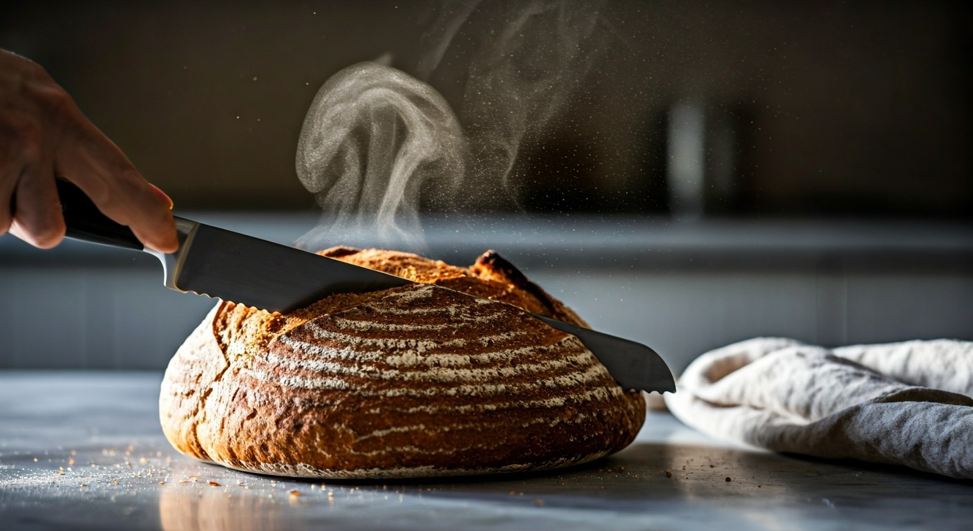 Detailní záběr na krájení čerstvého křupavého chleba na mramorové desce se zrnky mouky ve vzduchu.
