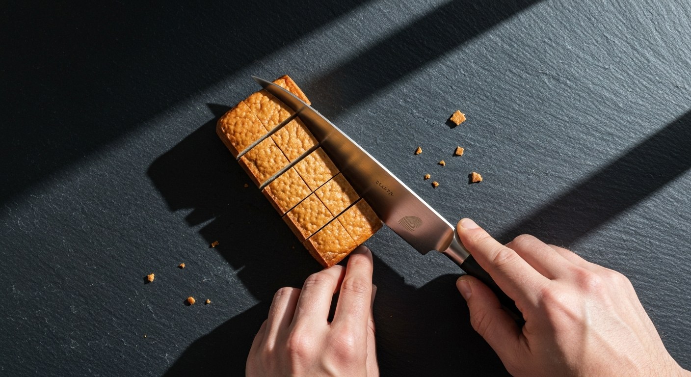 Krájení uzeného tofu v kuchyni Detailní záběr na krájení bloku uzeného tofu nerezovým nožem na tmavé kamenné pracovní desce v kuchyni.