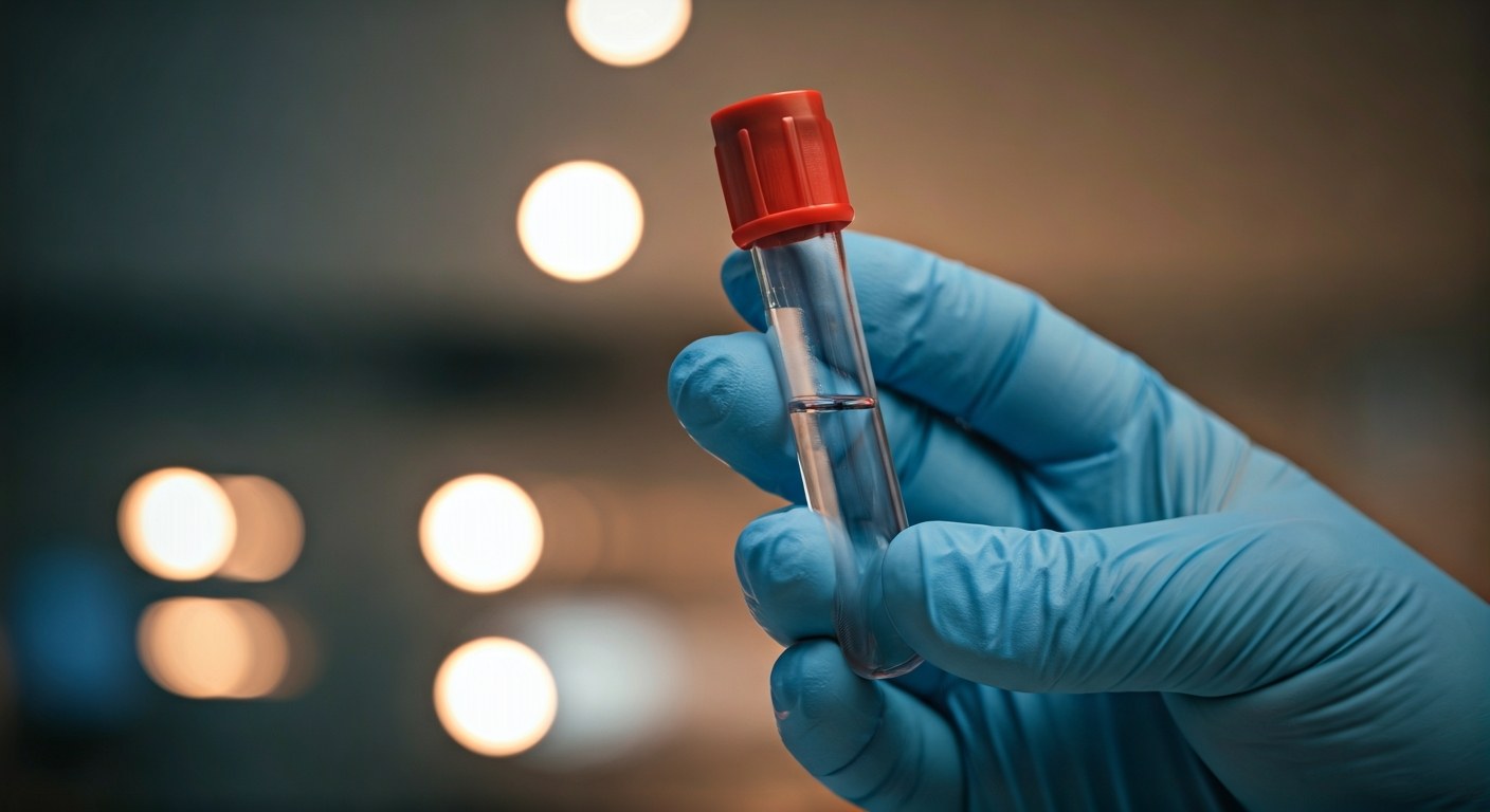 Ruka v modré lékařské rukavici drží skleněnou zkumavku s odběrem krve v prostředí moderní laboratoře.