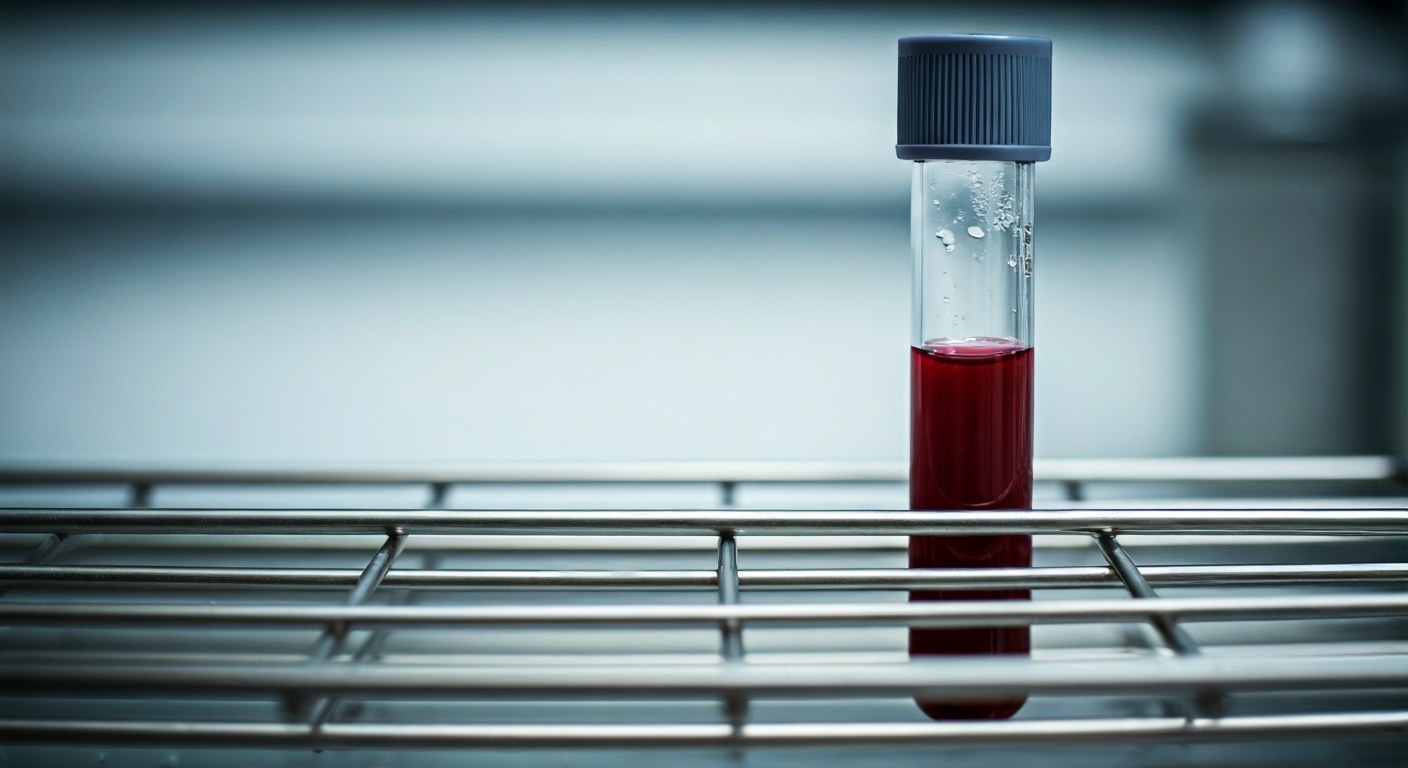 Laboratorní vyšetření protilátek na celiakii Detailní záběr skleněné zkumavky v nerezovém stojanu v moderní laboratorním prostředí.