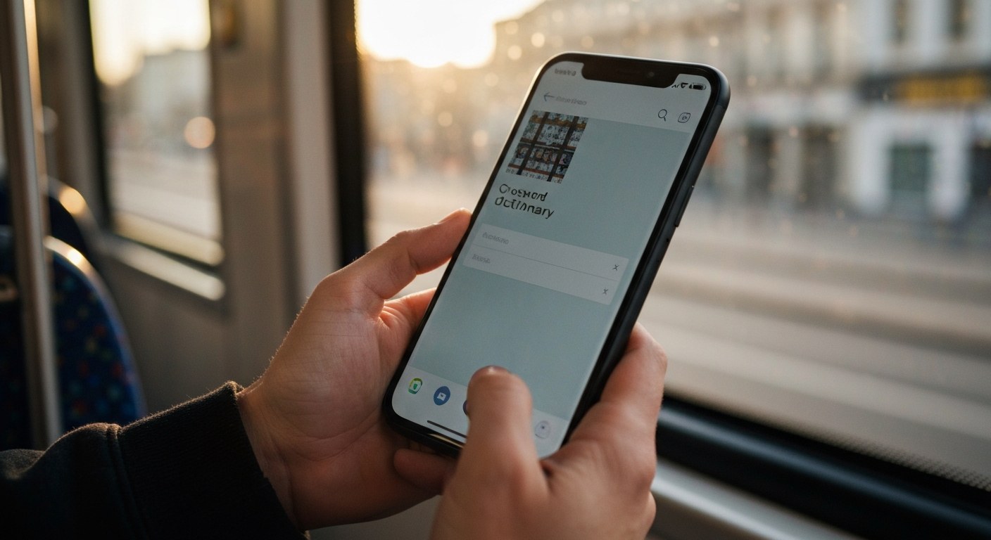 Křížovkářský slovník online v mobilním telefonu Detail rukou držících smartphone s aplikací křížovkářského slovníku v jedoucím voze veřejné dopravy.