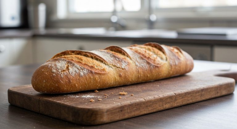 Detailní záběr na křupavou bezlepkovou bagetu na dřevěném prkénku s jemným popraškem mouky a drobečky.