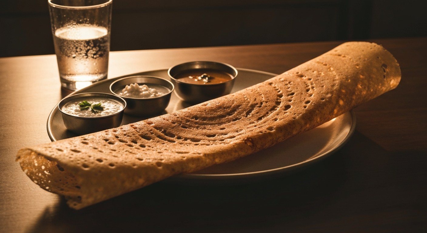 Křupavá rýžová dosa s kokosovým čatní a omáčkou sambar podávaná na keramickém talíři.