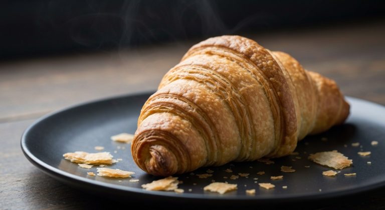 Detailní pohled na křupavé a nadýchané vrstvy čerstvě upečeného bezlepkového croissantů na tmavém talíři.